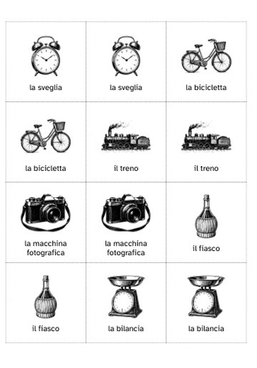 Un foglio del Memory: la sveglia, la bicicletta, il treno, la macchina fotografica